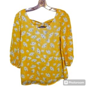 a.n.a Yellow Floral Puff Sleeve Sheer Lined Blouse Size S